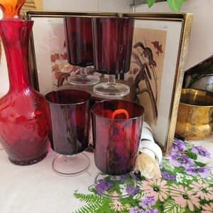 Vintage Luminarc Cavalier Ruby Red Footed Glasses Water Goblets France